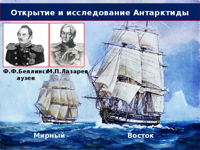 Открытие и исследование Антарктиды Ф.Ф.Беллинсгаузен М.П.Лазарев Восток Мирный 