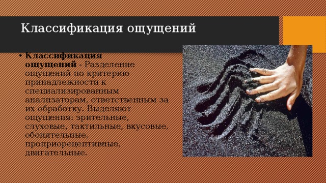 Классификация ощущений   Классификация ощущений  - Разделение ощущений по критерию принадлежности к специализированным анализаторам, ответственным за их обработку. Выделяют ощущения: зрительные, слуховые, тактильные, вкусовые, обонятельные, проприорецептивные, двигательные. 