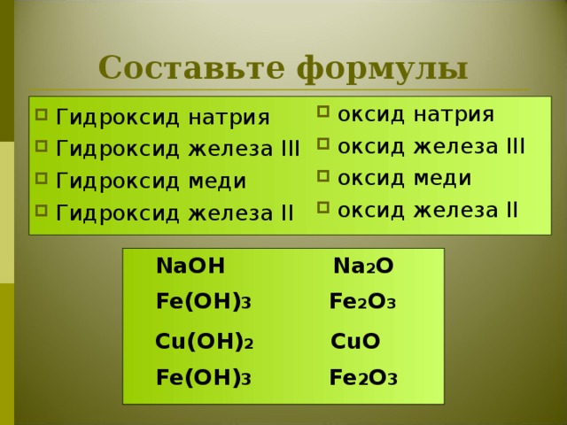 Формула гидроксида соответствующего оксиду меди 3. Формула основания гидроксида железа 2.