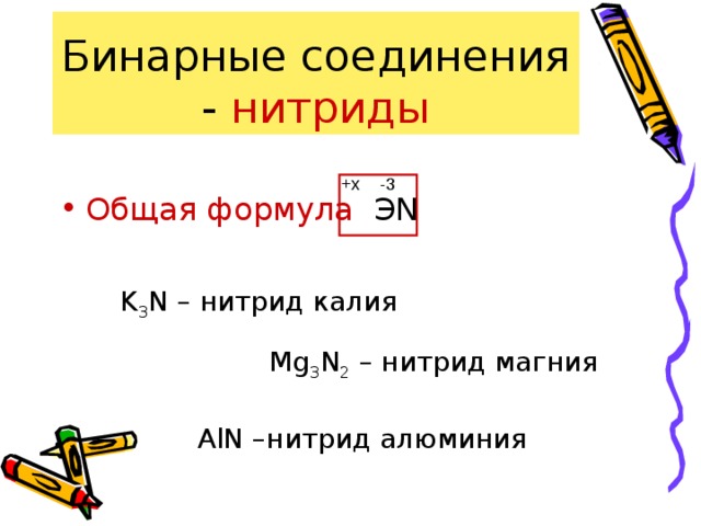 Бинарные соединения - нитриды Общая формула ЭN -3 +x K 3 N – нитрид калия Mg 3 N 2 – нитрид магния AlN –нитрид алюминия 