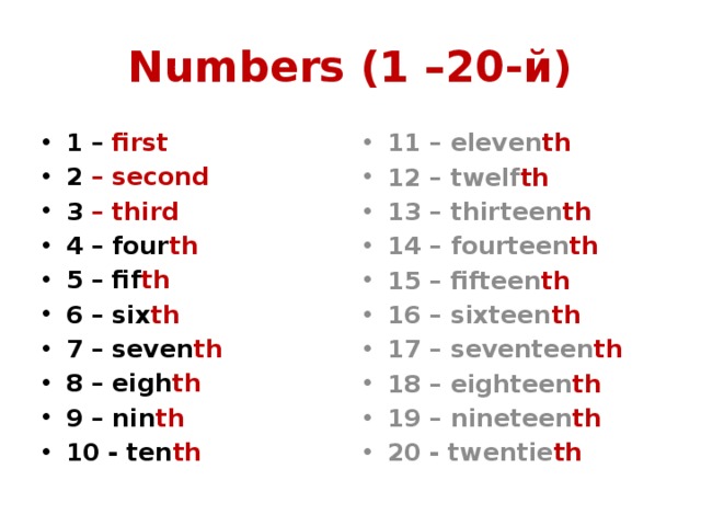 Numbers (1 –20-й) 1 – first 2 – second 3 – third 4 – four th 5 – fif th 6 – six th 7 – seven th 8 – eigh th 9 – nin th 10 - ten th 11 – eleven th 12 – twelf th 13 – thirteen th 14 – fourteen th 15 – fifteen th 16 – sixteen th 17 – seventeen th 18 – eighteen th 19 – nineteen th 20 - twentie th 
