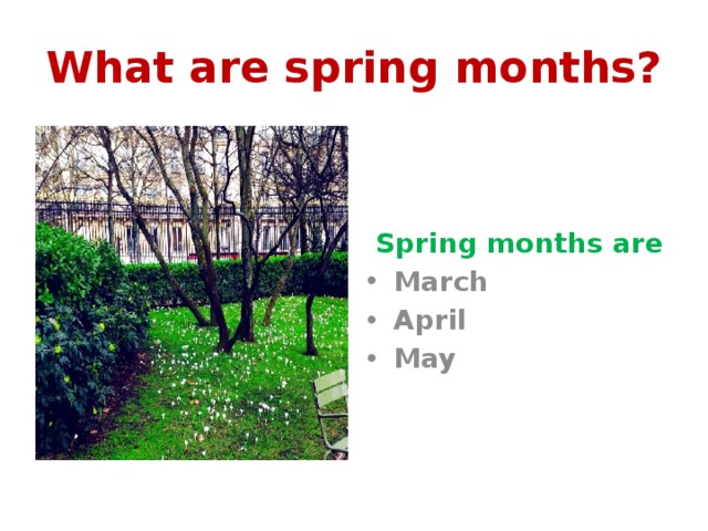 What are spring months?  Spring months are March April May 