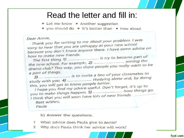 Read the letter and fill in