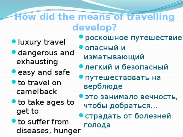 How did the means of travelling  develop ? роскошное путешествие опасный и изматывающий легкий и безопасный путешествовать на верблюде это занимало вечность, чтобы добраться… страдать от болезней голода luxury travel dangerous and exhausting easy and safe to travel on camelback to take ages to get to to suffer from diseases, hunger 
