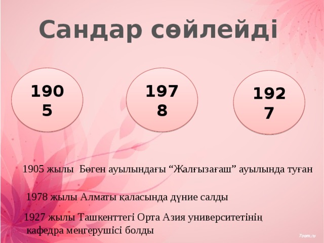 Сандар сөйлейді 1905 1978 1927 1905 жылы Бөген ауылындағы “Жалғызағаш” ауылында туған 1978 жылы Алматы қаласында дүние салды 1927 жылы Ташкенттегі Орта Азия университетінің  кафедра меңгерушісі болды 