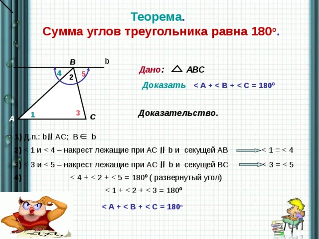 Теорема .  Сумма углов треугольника равна 180 о . b В Дано : АВС 4 5 2 Доказать   о Доказательство. 3 1 С А 1) Д.п.:  b AC; B b 2) 3) 4) о ( развернутый угол)  о   о
