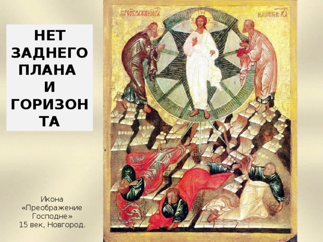 НЕТ ЗАДНЕГО ПЛАНА И ГОРИЗОНТА Икона «Преображение Господне» 15 век, Новгород.