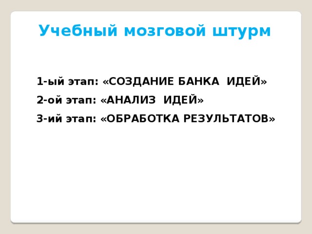 Учебный мозговой штурм 1-ый этап: «СОЗДАНИЕ БАНКА ИДЕЙ» 2-ой этап: «АНАЛИЗ ИДЕЙ» 3-ий этап: «ОБРАБОТКА РЕЗУЛЬТАТОВ»  