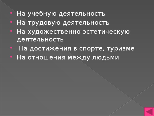 На учебную деятельность На трудовую деятельность На художественно-эстетическую деятельность  На достижения в спорте, туризме На отношения между людьми 