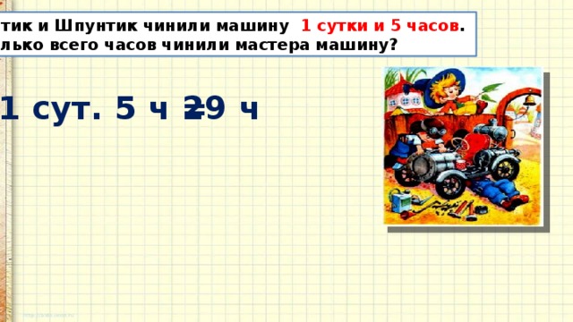 Винтик и Шпунтик чинили машину 1 сутки и 5 часов . Сколько всего часов чинили мастера машину? 1 сут. 5 ч = 29 ч 