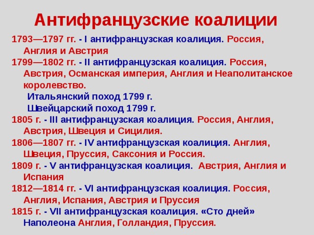 Коалиции таблица 8 класс