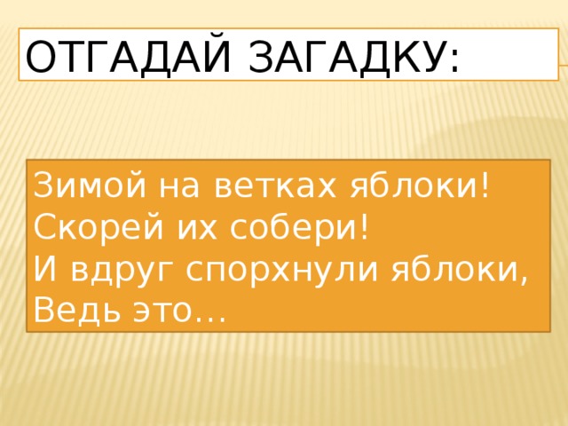 Отгадай загадку: Зимой на ветках яблоки! Скорей их собери! И вдруг спорхнули яблоки, Ведь это… 