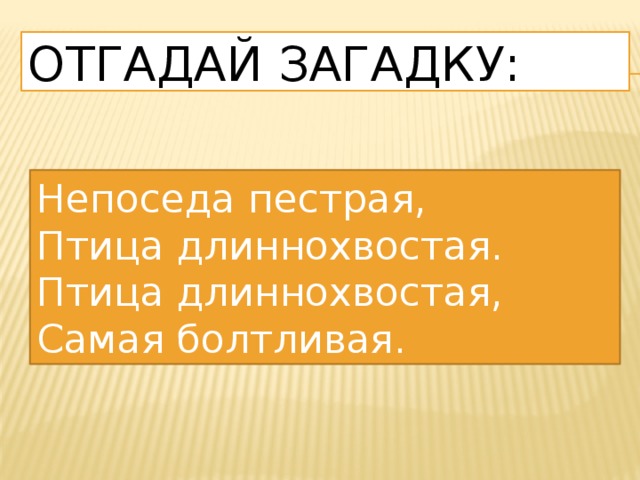 Отгадай загадку: Непоседа пестрая, Птица длиннохвостая. Птица длиннохвостая, Самая болтливая. 