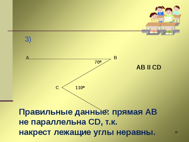 3) A B 70º AB II CD C 110º Правильные данные: прямая AB не параллельна CD , т.к. накрест лежащие углы неравны.  D