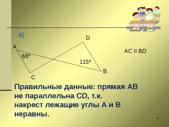 4) D A AC II BD 65º 115º B C Правильные данные: прямая AB не параллельна CD , т.к. накрест лежащие углы A и B неравны.