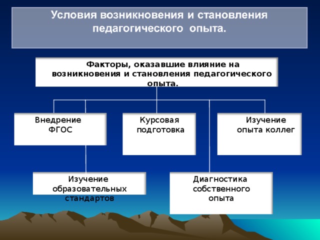 Факторы, оказавшие влияние на возникновения и становления педагогического опыта. Курсовая  подготовка Изучение опыта коллег Внедрение ФГОС Диагностика собственного опыта Изучение образовательных стандартов 