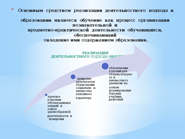 Основным средством реализации деятельностного подхода в  образовании является обучение как процесс организации познавательной и  предметно-практической деятельности обучающихся, обеспечивающий  овладение ими содержанием образования.    Реализация  деятельностного подхода обеспечивает:   обеспечение условий для общекультурного и личностного развития на основе формирования базовых учебных действий  придание результатам образования социально и личностно значимого характера прочное усвоение обучающимися знаний и опыта разнообразной деятельности и поведения 
