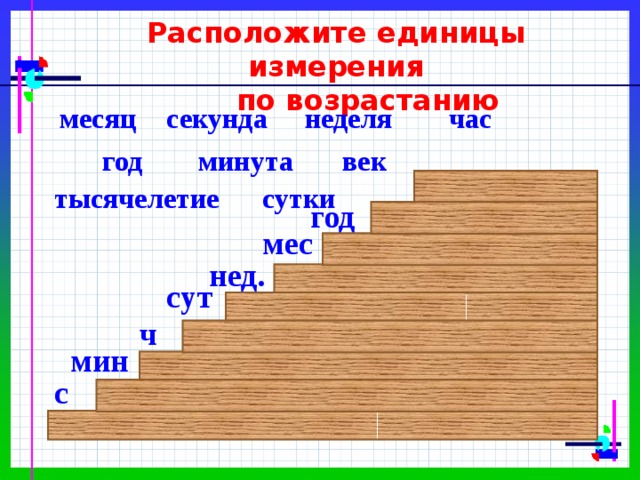 Расположите единицы измерения  по возрастанию секунда час неделя месяц век минута год тысячелетие сутки год мес нед. сут ч мин с 