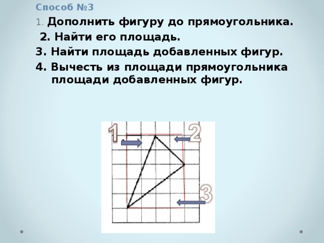 Способ №3 1. Дополнить фигуру до прямоугольника.  2. Найти его площадь. 3. Найти площадь добавленных фигур. 4. Вычесть из площади прямоугольника площади добавленных фигур.  