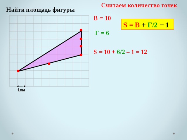 Считаем количество точек  Найти площадь фигуры В = 10 S = В + Г/2 − 1 ● Г = 6 ● ● S = 10 + 6/2 – 1 = 12 ● ● ● 1см 