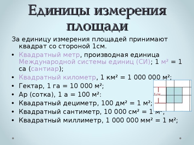 Единицы измерения площади За единицу измерения площадей принимают квадрат со стороной 1см. Квадратный метр , производная единица  Международной системы единиц (СИ) ; 1  м²  = 1 са ( сантиар ); Квадратный километр , 1 км² = 1 000 000 м²; Гектар, 1 га = 10 000 м²; Ар (сотка), 1 а = 100 м²: Квадратный дециметр, 100 дм² = 1 м²; Квадратный сантиметр, 10 000 см² = 1 м²; Квадратный миллиметр, 1 000 000 мм² = 1 м²; 