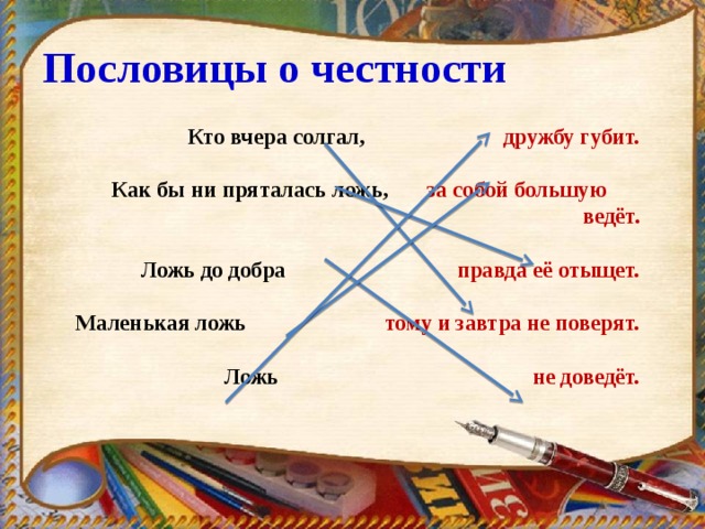 Пословицы о честности  Кто вчера солгал, дружбу губит.   Как бы ни пряталась ложь, за собой большую ведёт.   Ложь до добра правда её отыщет.   Маленькая ложь тому и завтра не поверят.   Ложь не доведёт.   