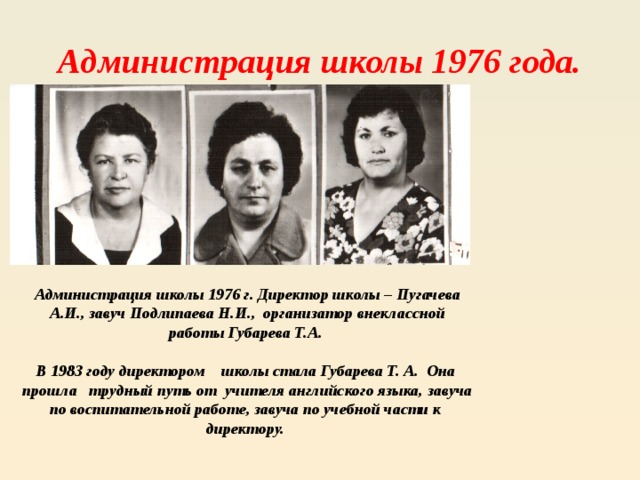 Администрация школы 1976 года. Администрация школы 1976 г. Директор школы – Пугачева А.И., завуч Подлипаева Н.И., организатор внеклассной работы Губарева Т.А.  В 1983 году директором школы стала Губарева Т. А. Она прошла трудный путь от учителя английского языка, завуча по воспитательной работе, завуча по учебной части к директору. 
