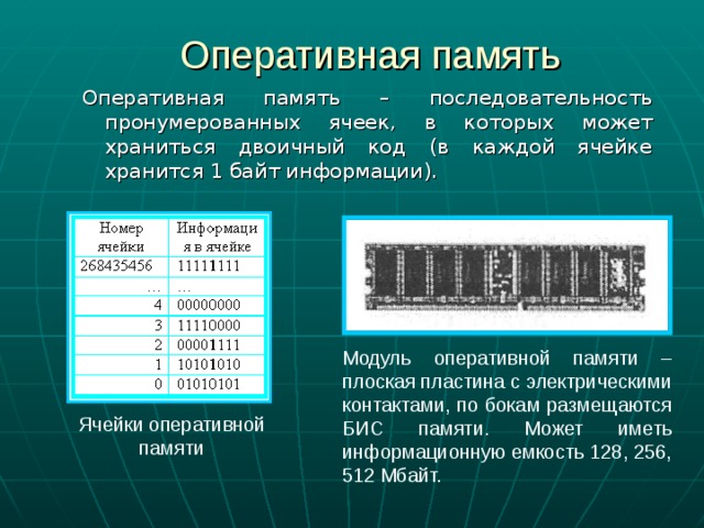 Оперативная память Оперативная память – последовательность пронумерованных ячеек, в которых может храниться двоичный код (в каждой ячейке хранится 1 байт информации). Модуль оперативной памяти – плоская пластина с электрическими контактами, по бокам размещаются БИС памяти. Может иметь информационную емкость 128, 256, 512 Мбайт. Ячейки оперативной памяти 