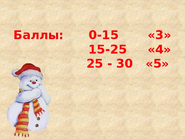 Баллы: 0-15 «3»  15-25 «4»  25 - 30 «5»     