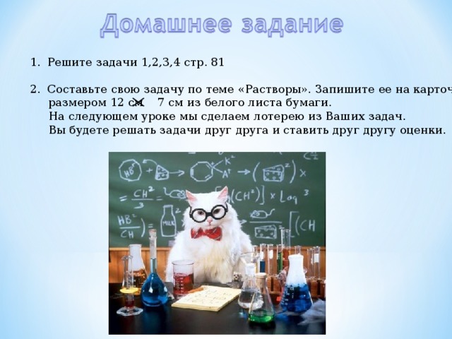 Решите задачи 1,2,3,4 стр. 81  Составьте свою задачу по теме «Растворы». Запишите ее на карточке  размером 12 см 7 см из белого листа бумаги.  На следующем уроке мы сделаем лотерею из Ваших задач.  Вы будете решать задачи друг друга и ставить друг другу оценки. 