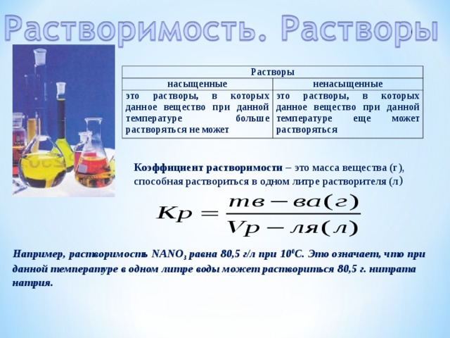 Растворы насыщенные ненасыщенные это растворы, в которых данное вещество при данной температуре больше растворяться не может это растворы, в которых данное вещество при данной температуре еще может растворяться Коэффициент растворимости – это масса вещества (г), способная раствориться в одном литре растворителя (л ) Например, растворимость NANO 3  равна 80,5 г/л при 10 0 С. Это означает, что при данной температуре в одном литре воды может раствориться 80,5 г. нитрата натрия. 
