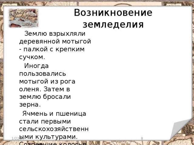 Возникновение земледелия  Землю взрыхляли деревянной мотыгой - палкой с крепким сучком.  Иногда пользовались мотыгой из рога оленя. Затем в землю бросали зерна.  Ячмень и пшеница стали первыми сельскохозяйственными культурами. Созревшие колосья срезали серпами. 1/22/19  