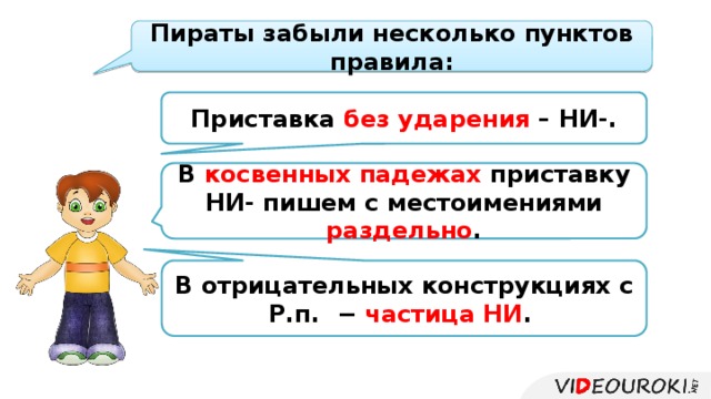 Пираты забыли несколько пунктов правила: Приставка без ударения – НИ-. В косвенных падежах приставку НИ- пишем с местоимениями раздельно . В отрицательных конструкциях с Р.п. − частица НИ .  