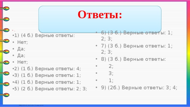  Ответы:  6) (3 б.) Верные ответы: 1; 2; 3; 7) (3 б.) Верные ответы: 1; 2; 3; 8) (3 б.) Верные ответы:  2;  3;  1; 9) (2б.) Верные ответы: 3; 4;  1) (4 б.) Верные ответы:  Нет;  Да;  Да;  Нет; 2) (1 б.) Верные ответы: 4; 3) (1 б.) Верные ответы: 1; 4) (1 б.) Верные ответы: 1; 5) (2 б.) Верные ответы: 2; 3;    