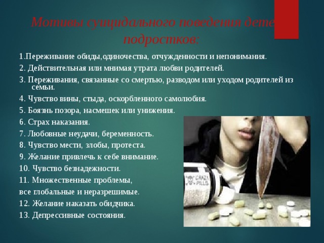 Мотивы суицидального поведения детей и подростков: 1.Переживание обиды,одиночества, отчужденности и непонимания. 2. Действительная или мнимая утрата любви родителей. 3. Переживания, связанные со смертью, разводом или уходом родителей из семьи. 4. Чувство вины, стыда, оскорбленного самолюбия. 5. Боязнь позора, насмешек или унижения. 6. Страх наказания. 7. Любовные неудачи, беременность. 8. Чувство мести, злобы, протеста. 9. Желание привлечь к себе внимание. 10. Чувство безнадежности. 11. Множественные проблемы, все глобальные и неразрешимые. 12. Желание наказать обидчика. 13. Депрессивные состояния. 
