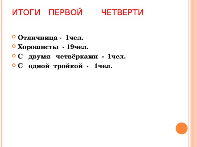 ИТОГИ ПЕРВОЙ ЧЕТВЕРТИ  Отличница - 1чел. Хорошисты - 19чел. С двумя четвёрками - 1чел. С одной тройкой - 1чел. 