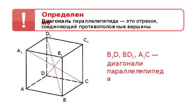 Определение Диагональ параллелепипеда — это отрезок, соединяющий противоположные вершины D 1 C 1 A 1 B 1 В 1 D, BD 1 , А 1 С — диагонали параллелепипеда D C A B 