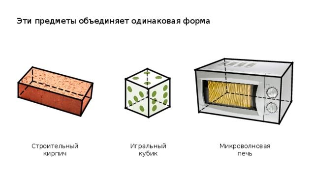 Эти предметы объединяет одинаковая форма Микроволновая печь Игральный кубик Строительный кирпич 