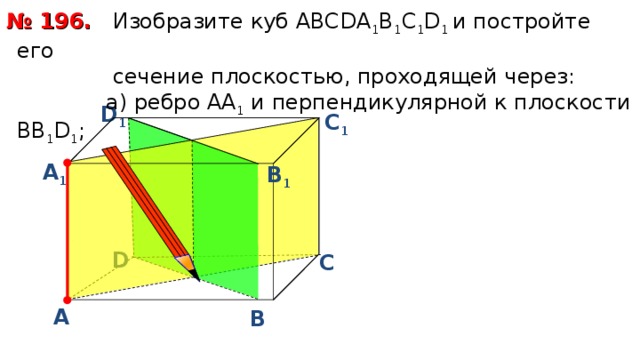 № 1 9 6.  Изобразите куб АВС D А 1 В 1 С 1 D 1  и постройте его  сечение плоскостью, проходящей через:  а) ребро АА 1 и перпендикулярной к плоскости ВВ 1 D 1 ; D 1 С 1 А 1 В 1 D С А В 
