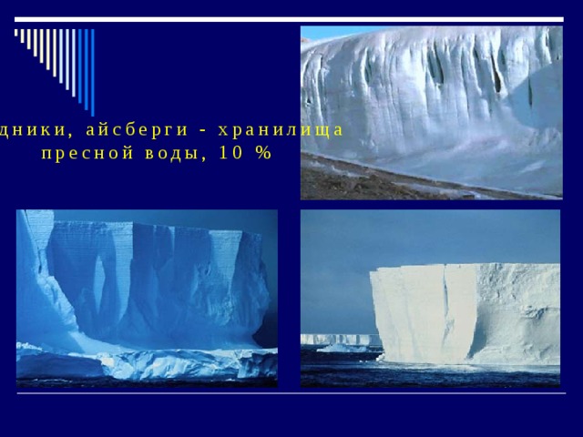 Ледники, айсберги - хранилища  пресной воды, 10 % 