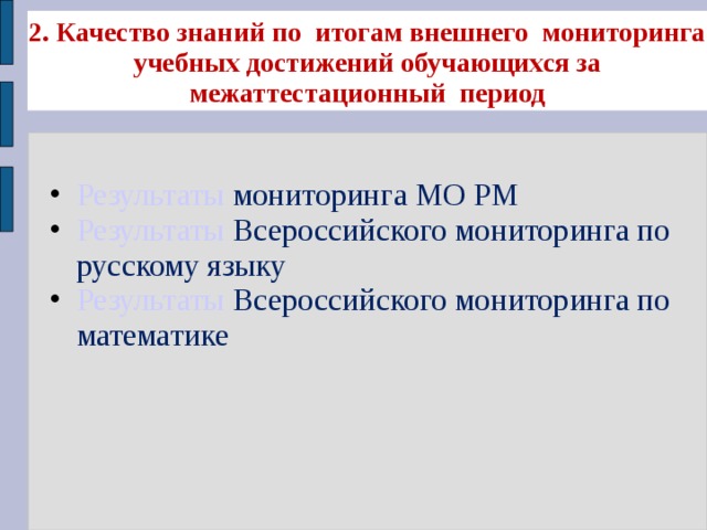 2. Качество знаний по итогам внешнего мониторинга учебных достижений обучающихся за межаттестационный период
