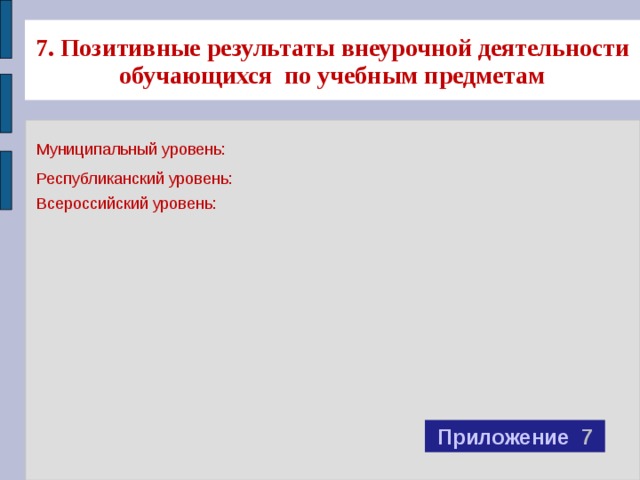7. Позитивные результаты внеурочной деятельности обучающихся по учебным предметам Муниципальный уровень: Республиканский уровень: Всероссийский уровень: Приложение 7