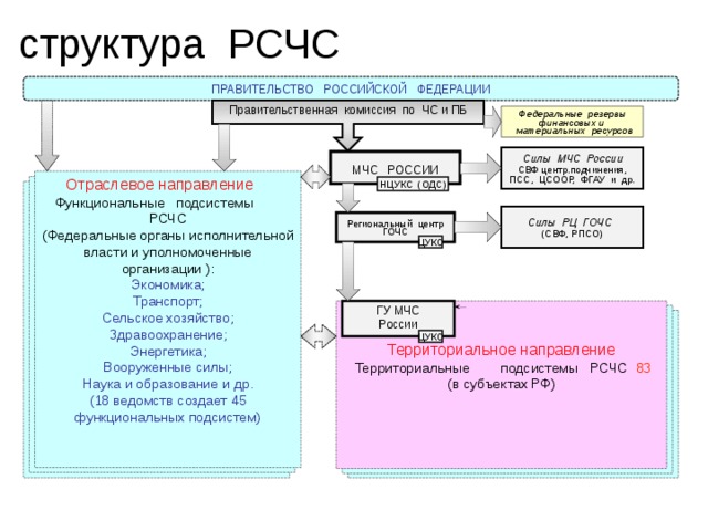  структура РСЧС ПРАВИТЕЛЬСТВО РОССИЙСКОЙ ФЕДЕРАЦИИ Правительственная комиссия по ЧС и ПБ Федеральные резервы финансовых и  материальных ресурсов Cилы МЧС России СВФ центр.подчинения, ПСС, ЦСООР, ФГАУ и др. МЧС РОССИИ Отраслевое направление  Функциональные подсистемы РСЧС (Федеральные органы исполнительной власти и уполномоченные организации ): Экономика; Транспорт; Сельское хозяйство; Здравоохранение; Энергетика; Вооруженные силы; Наука и образование и др. (18 ведомств создает 45 функциональных подсистем) НЦУКС (ОДС) Силы РЦ ГОЧС (СВФ, РПСО) Региональный центр ГОЧС ЦУКС ГУ МЧС России Территориальное направление  Территориальные подсистемы РСЧС 83 (в субъектах РФ) ЦУКС 