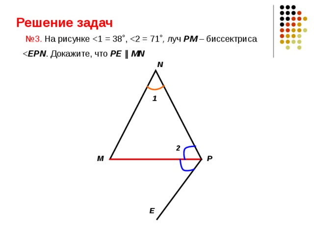 Решение задач  № 3. На рисунке ˚ , ˚ , луч P М – биссектриса EPN . Докажите, что PE ‖ М N  N 1 2 М P E 