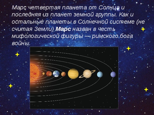 Марс четвертая планета от Солнца и последняя из планет земной группы. Как и остальные планеты в Солнечной системе (не считая Земли)  Марс  назван в честь мифологической фигуры — римского бога войны.  