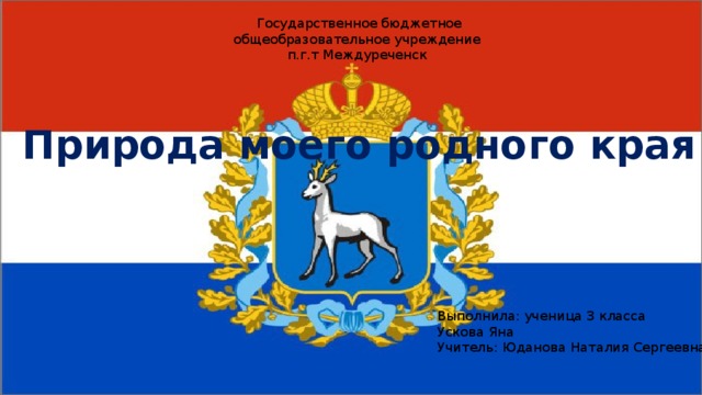 Государственное бюджетное общеобразовательное учреждение п.г.т Междуреченск Природа моего родного края Выполнила: ученица 3 класса Ускова Яна Учитель: Юданова Наталия Сергеевна 