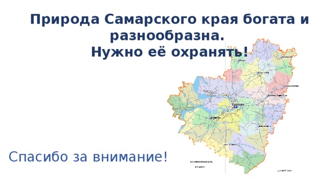 Природа Самарского края богата и разнообразна. Нужно её охранять! Спасибо за внимание! 