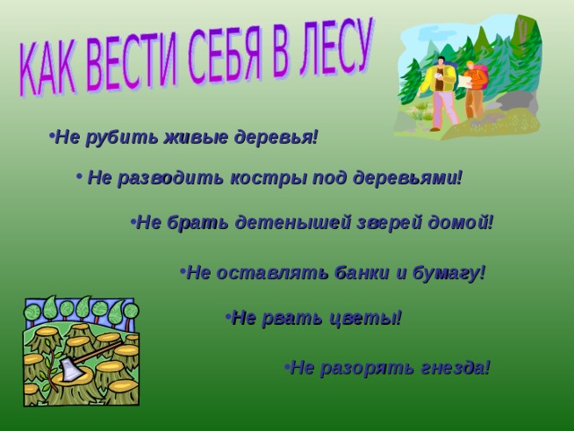 Не рубить живые деревья!   Не разводить костры под деревьями! Не брать детенышей зверей домой! Не оставлять банки и бумагу! Не рвать цветы! Не разорять гнезда! 
