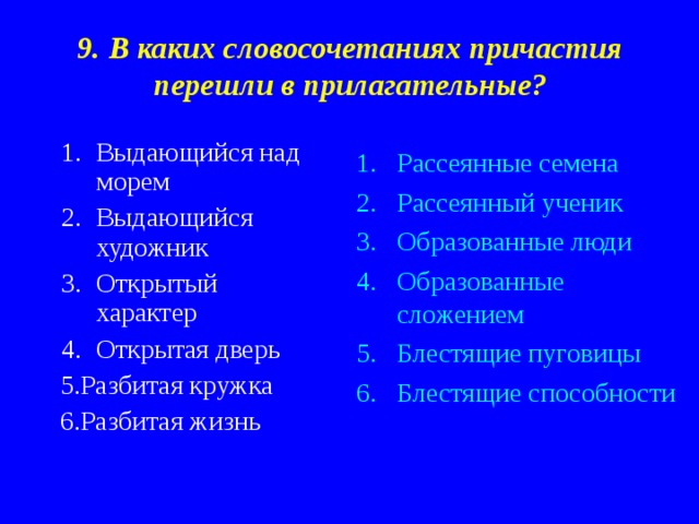 9. В каких словосочетаниях причастия перешли в прилагательные? Выдающийся над морем Выдающийся художник Открытый характер Открытая дверь Выдающийся над морем Выдающийся художник Открытый характер Открытая дверь  5.Разбитая кружка  6.Разбитая жизнь Рассеянные семена Рассеянный ученик Образованные люди Образованные сложением Блестящие пуговицы Блестящие способности  