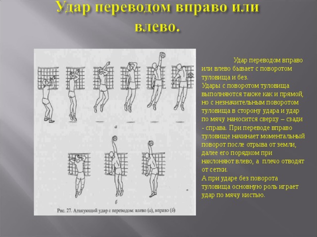  Удар переводом вправо или влево бывает с поворотом туловища и без. Удары с поворотом туловища выполняются также как и прямой, но с незначительным поворотом туловища в сторону удара и удар по мячу наносится сверху – сзади - справа. При переводе вправо туловище начинает моментальный поворот после отрыва от земли, далее его порядком при наклоняют влево, а плечо отводят от сетки. А при ударе без поворота туловища основную роль играет удар по мячу кистью. 